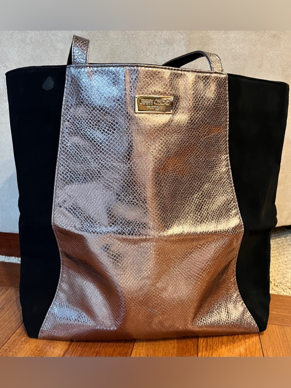 Jimmy Choo Parfums Metallic Silver & Black Suede Panel Tote